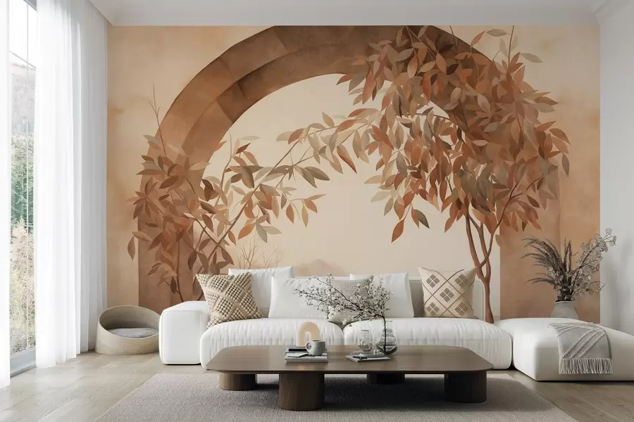 wall murals Лук са пејзажом, дрвећем и лишћем у пригушеним јесењим бојама, текстурирана уметност w09907