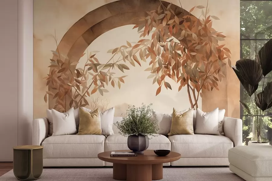 wall murals Лук са пејзажом, дрвећем и лишћем у пригушеним јесењим бојама, текстурирана уметност w09907