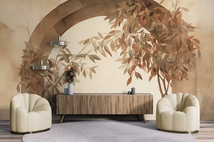 wall murals Лук са пејзажом, дрвећем и лишћем у пригушеним јесењим бојама, текстурирана уметност w09907