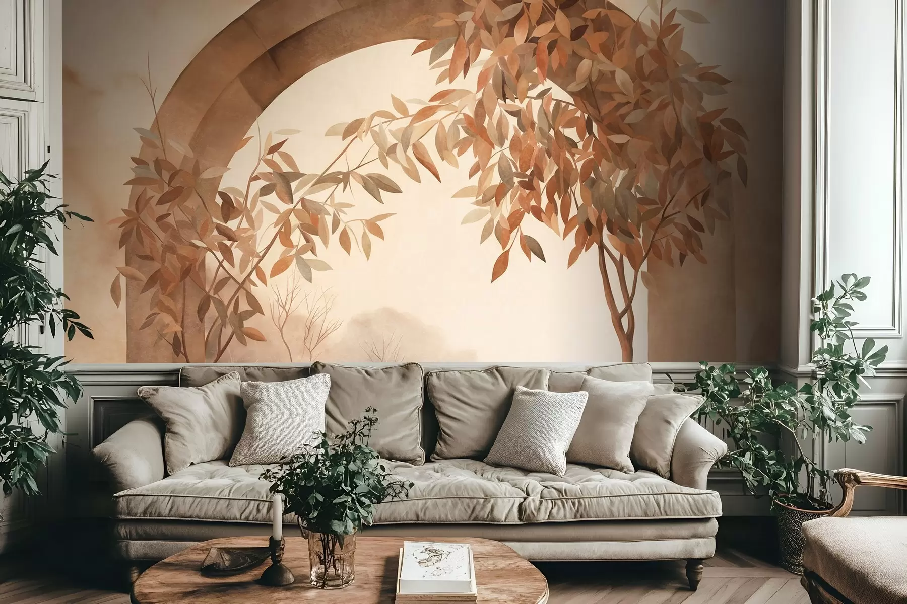 wall murals Лук са пејзажом, дрвећем и лишћем у пригушеним јесењим бојама, текстурирана уметност w09907