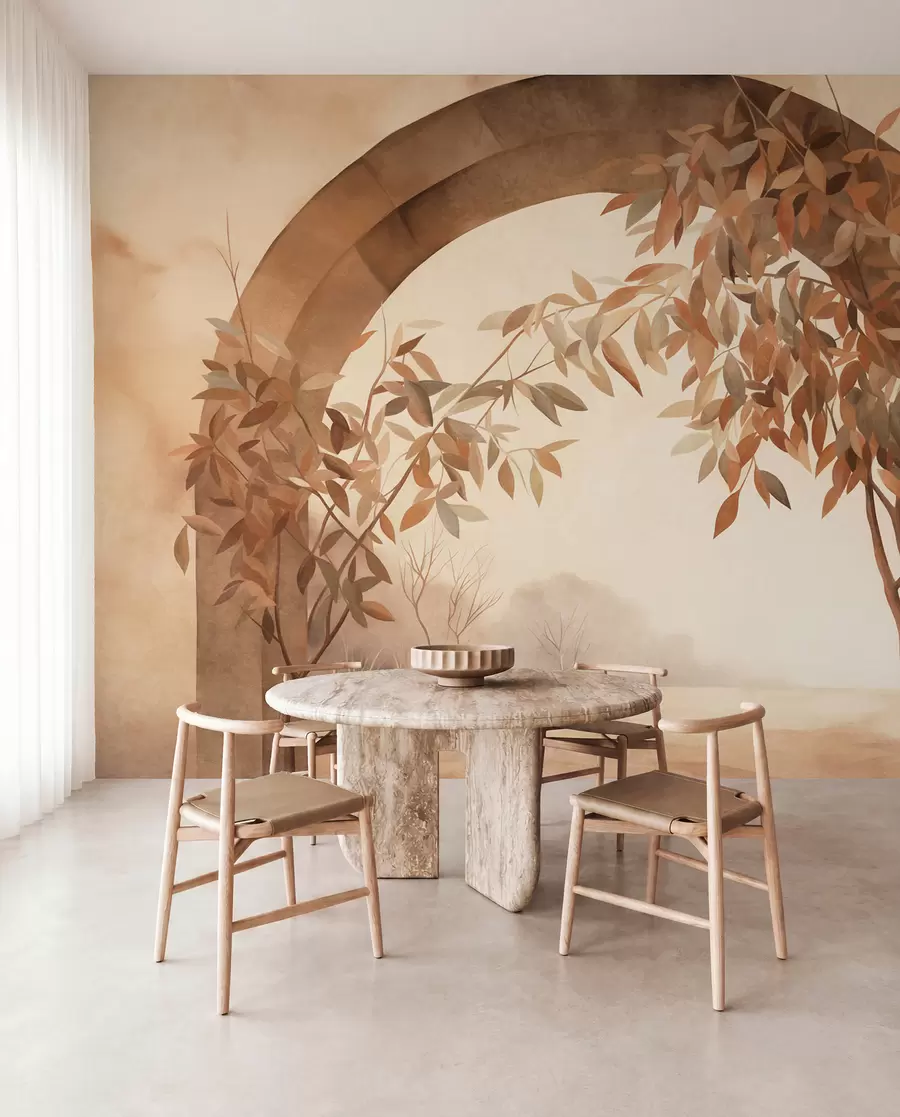 wall murals Лук са пејзажом, дрвећем и лишћем у пригушеним јесењим бојама, текстурирана уметност w09907