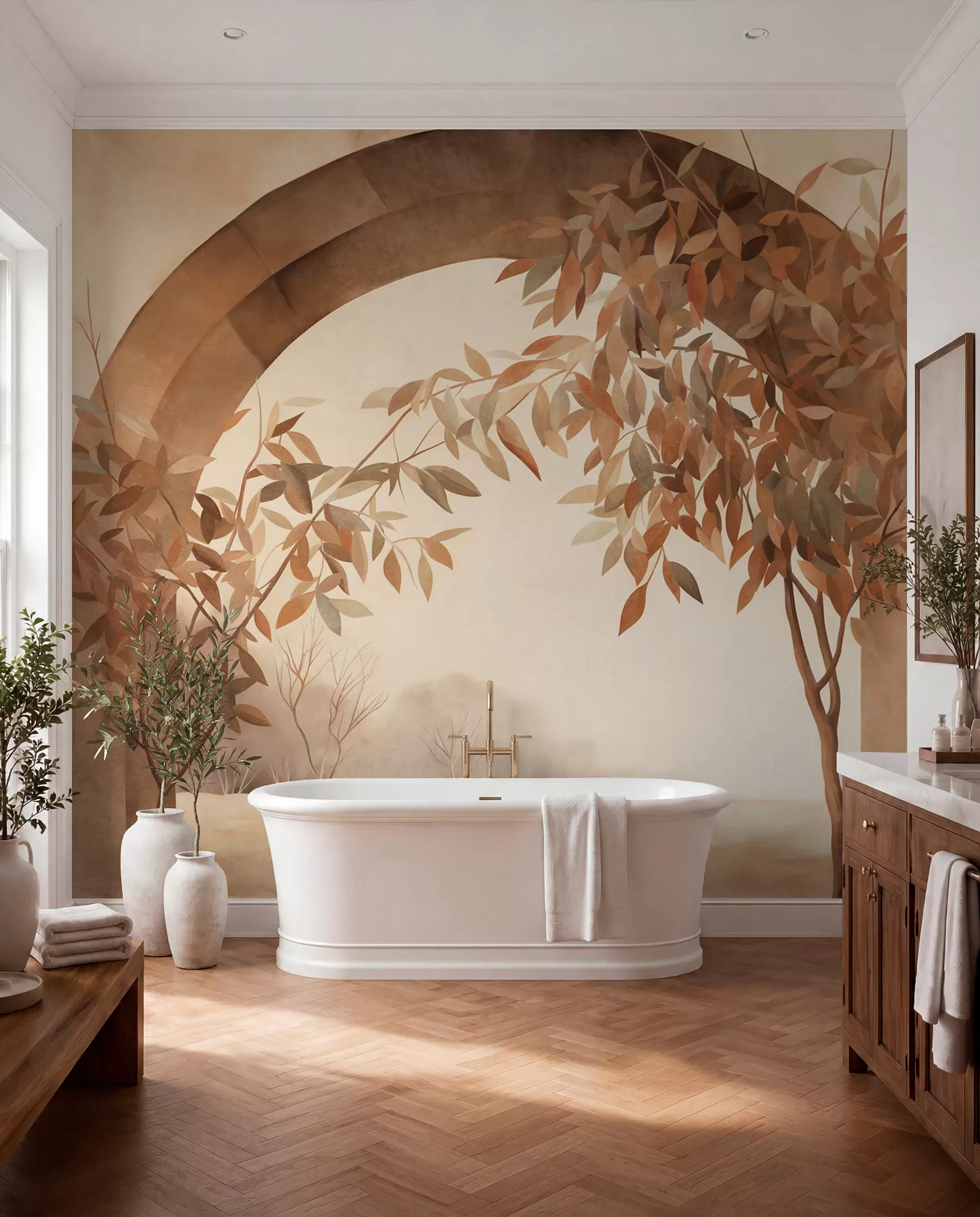 wall murals Лук са пејзажом, дрвећем и лишћем у пригушеним јесењим бојама, текстурирана уметност w09907