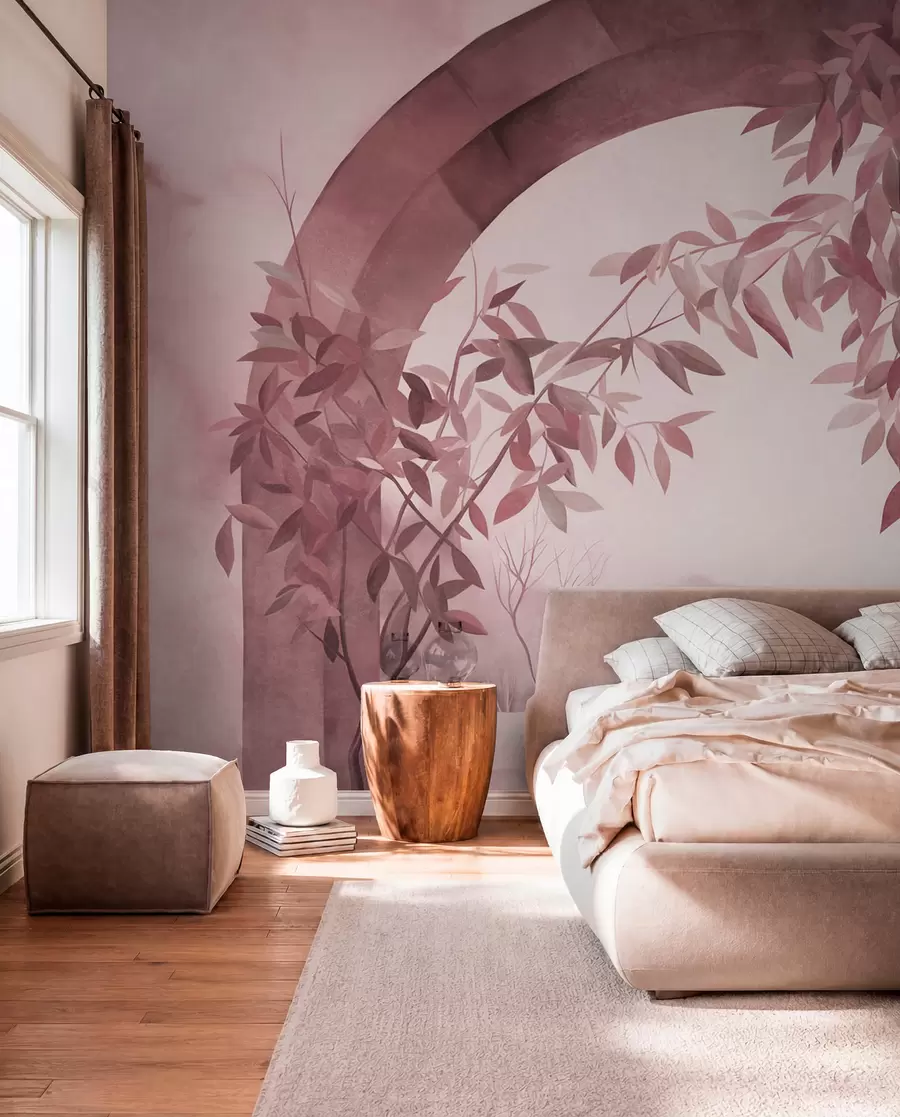 wall murals Лук са пејзажом, дрвећем и лишћем у пригушеним ружичастим и сивим бојама, текстурирана уметност w09907v1