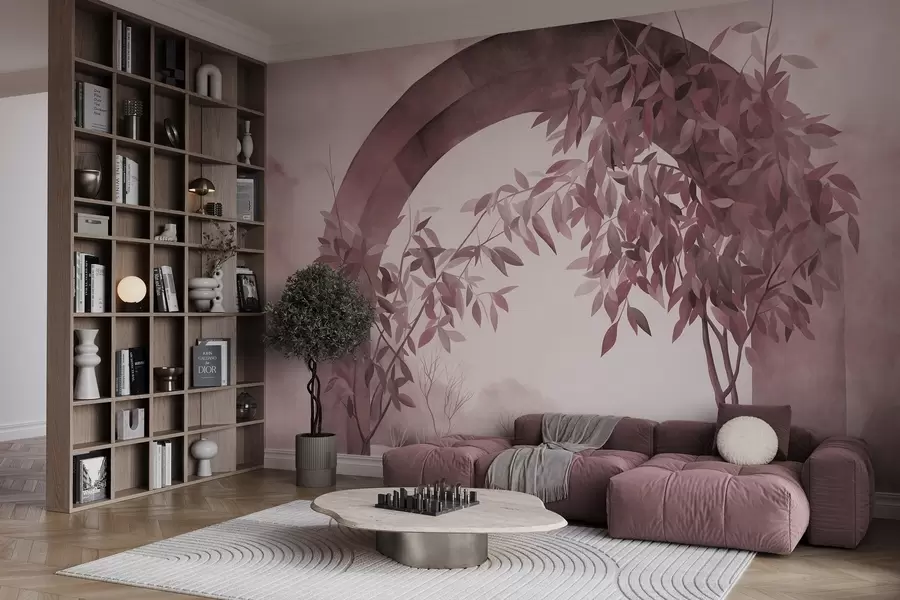 wall murals Лук са пејзажом, дрвећем и лишћем у пригушеним ружичастим и сивим бојама, текстурирана уметност w09907v1