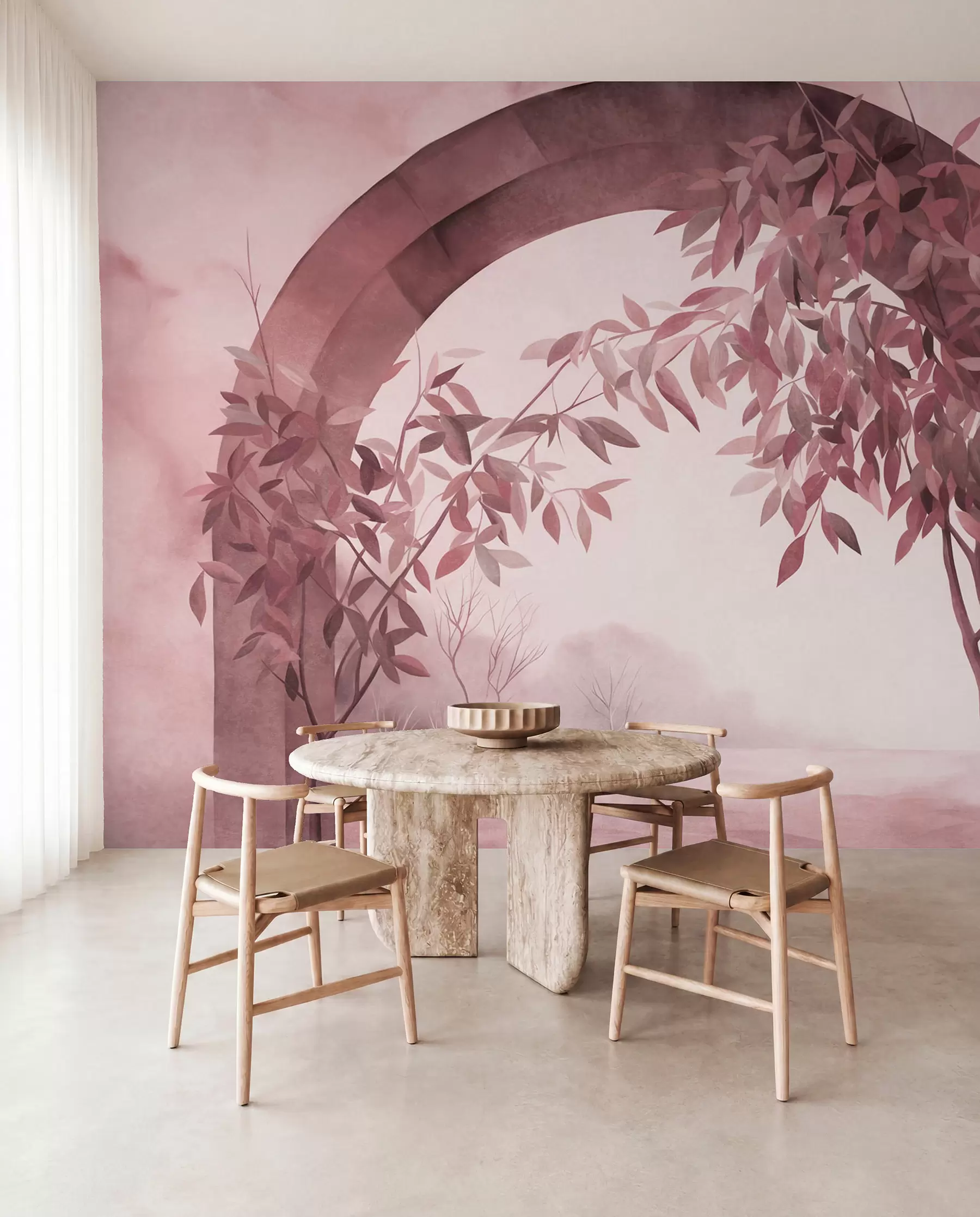 wall murals Лук са пејзажом, дрвећем и лишћем у пригушеним ружичастим и сивим бојама, текстурирана уметност w09907v1