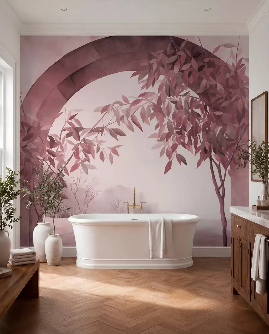 wall murals Лук са пејзажом, дрвећем и лишћем у пригушеним ружичастим и сивим бојама, текстурирана уметност w09907v1