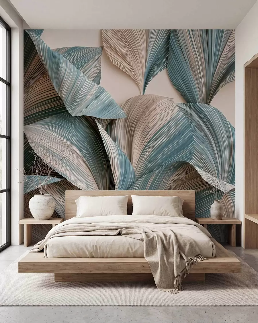 wall murals Волуметријско тропско лишће у мирним беж и плавим тоновима w09914