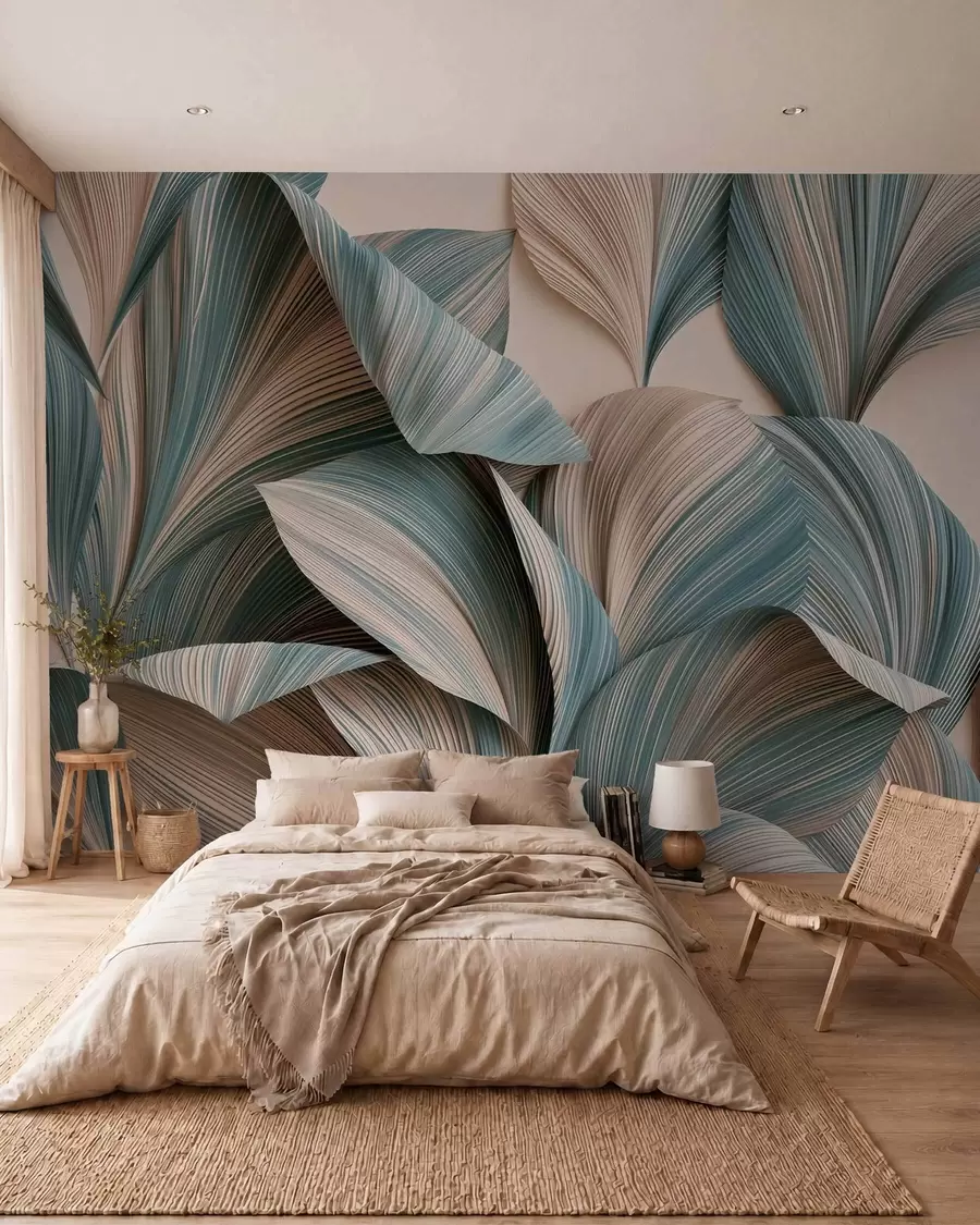 wall murals Волуметријско тропско лишће у мирним беж и плавим тоновима w09914