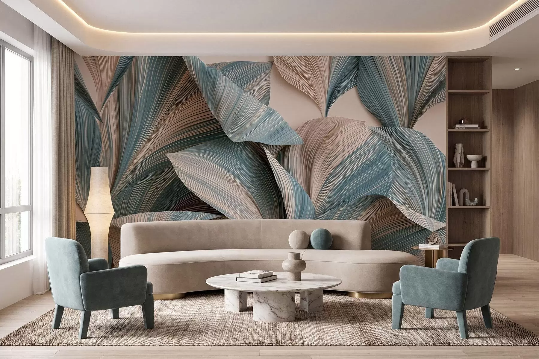 wall murals Волуметријско тропско лишће у мирним беж и плавим тоновима w09914