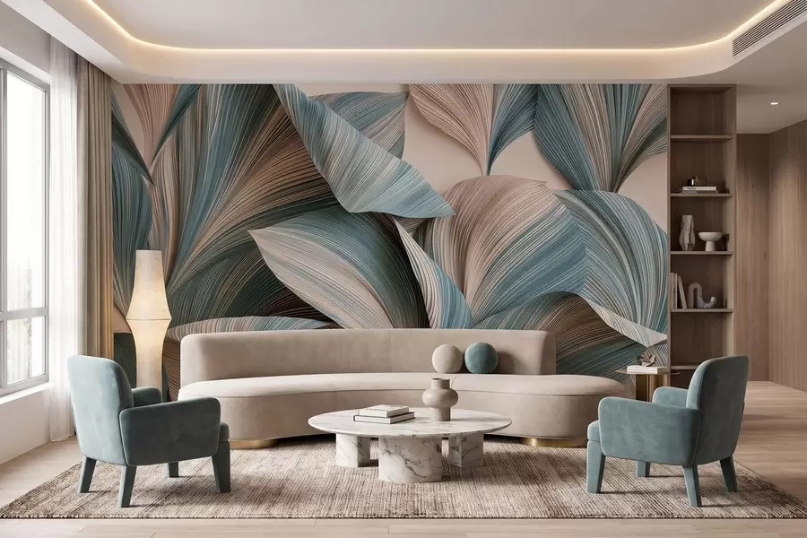 wall murals Волуметријско тропско лишће у мирним беж и плавим тоновима w09914