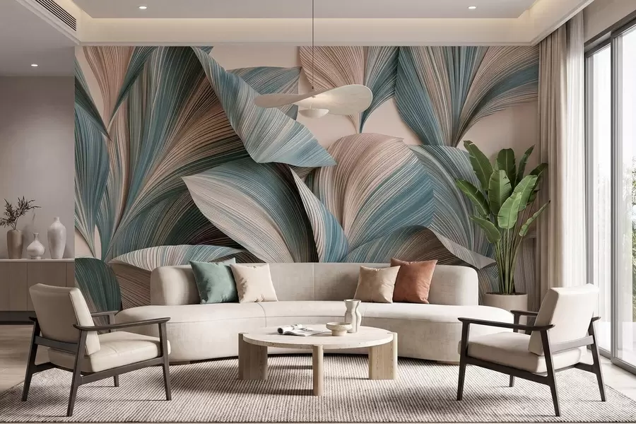 wall murals Волуметријско тропско лишће у мирним беж и плавим тоновима w09914