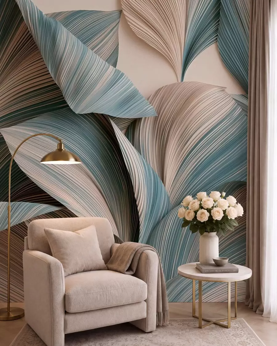 wall murals Волуметријско тропско лишће у мирним беж и плавим тоновима w09914