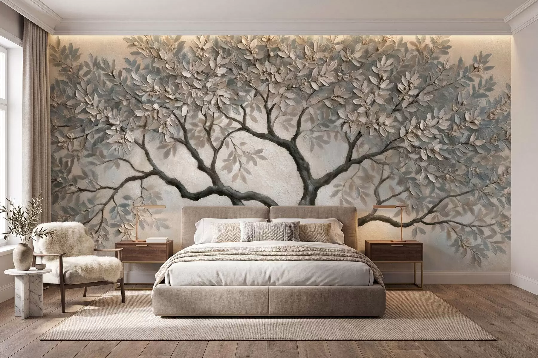 wall murals Дрво у стилу уљаног сликарства у мирним природним сиво-беж тоновима w09919