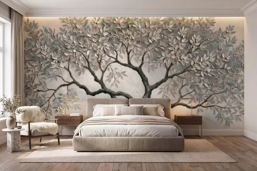 wall murals Дрво у стилу уљаног сликарства у мирним природним сиво-беж тоновима w09919