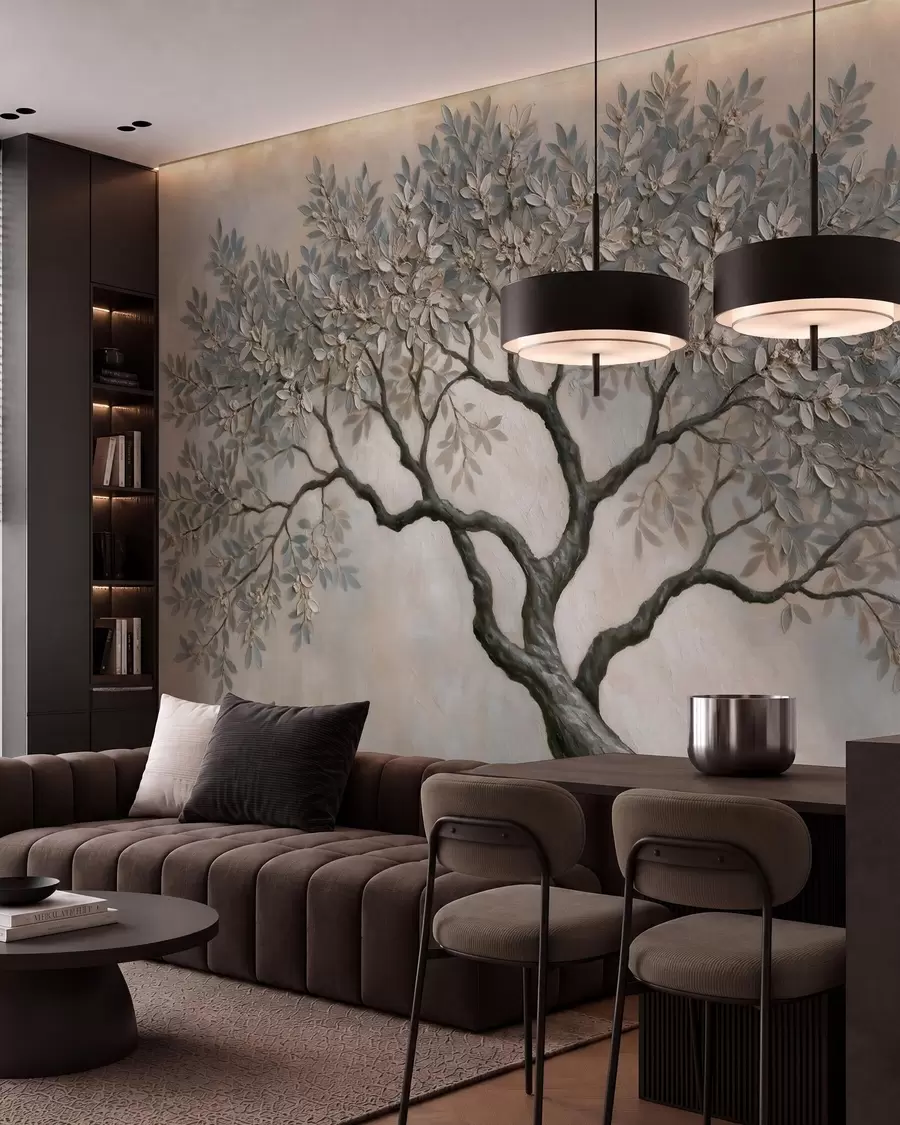 wall murals Дрво у стилу уљаног сликарства у мирним природним сиво-беж тоновима w09919