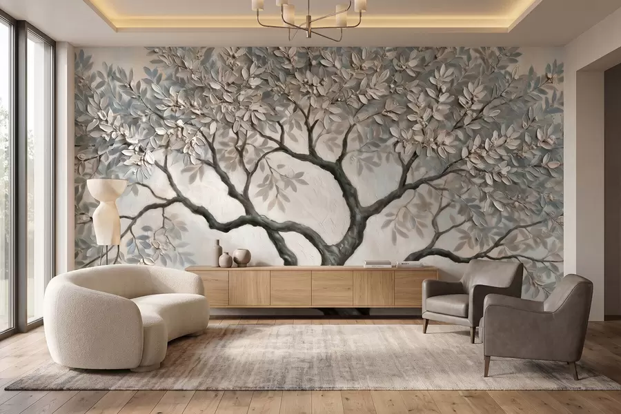 wall murals Дрво у стилу уљаног сликарства у мирним природним сиво-беж тоновима w09919