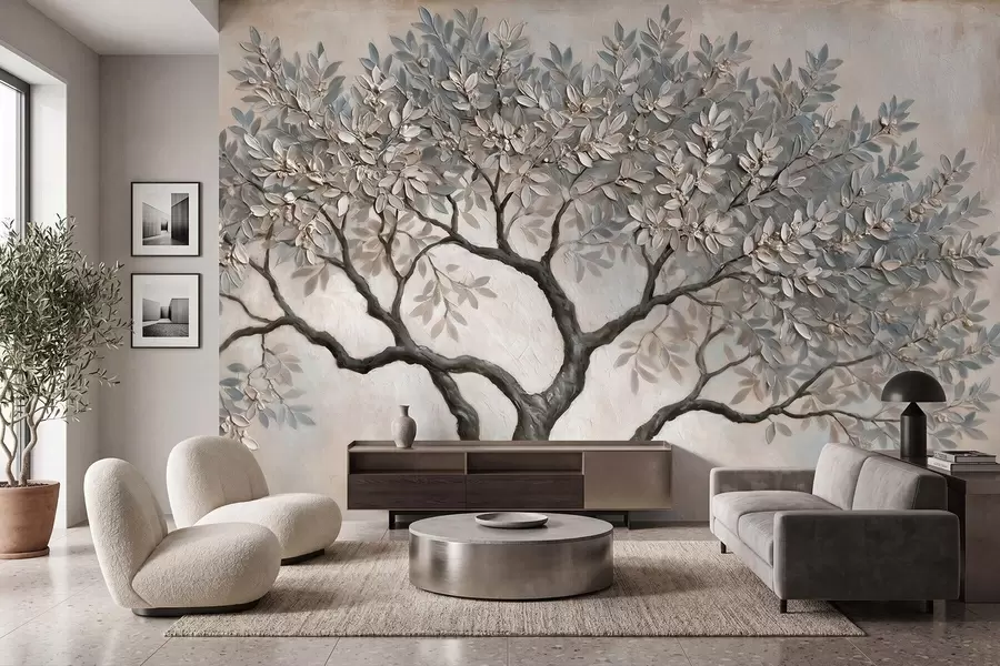 wall murals Дрво у стилу уљаног сликарства у мирним природним сиво-беж тоновима w09919