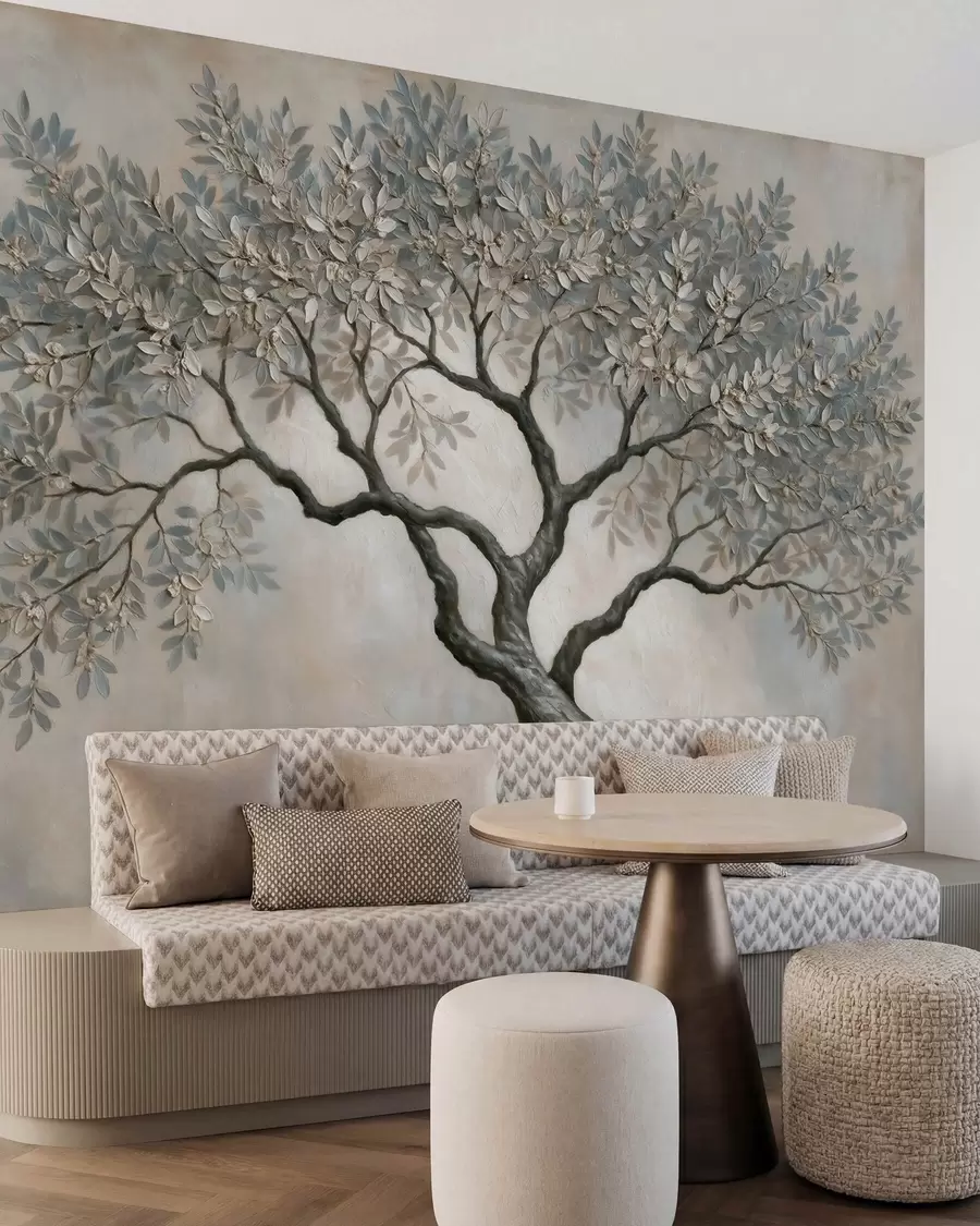 wall murals Дрво у стилу уљаног сликарства у мирним природним сиво-беж тоновима w09919