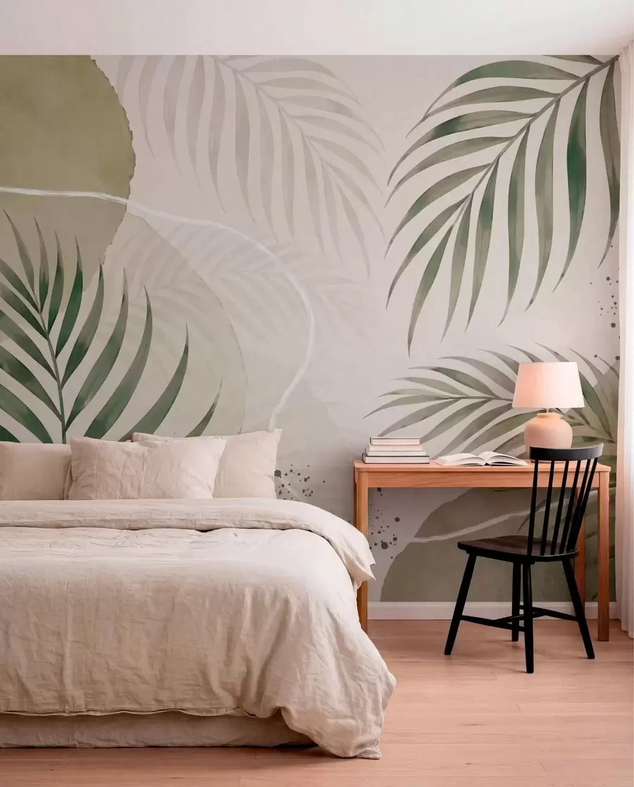 wall murals Стилизовано лишће на мекој неутралној позадини w05728