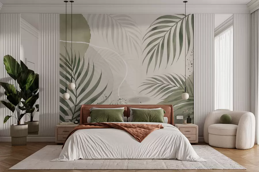 wall murals Стилизовано лишће на мекој неутралној позадини w05728