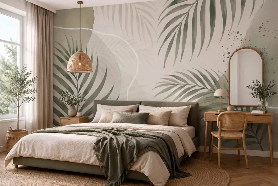 wall murals Стилизовано лишће на мекој неутралној позадини w05728
