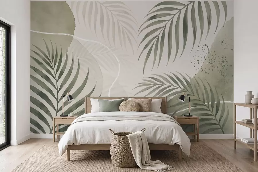wall murals Стилизовано лишће на мекој неутралној позадини w05728