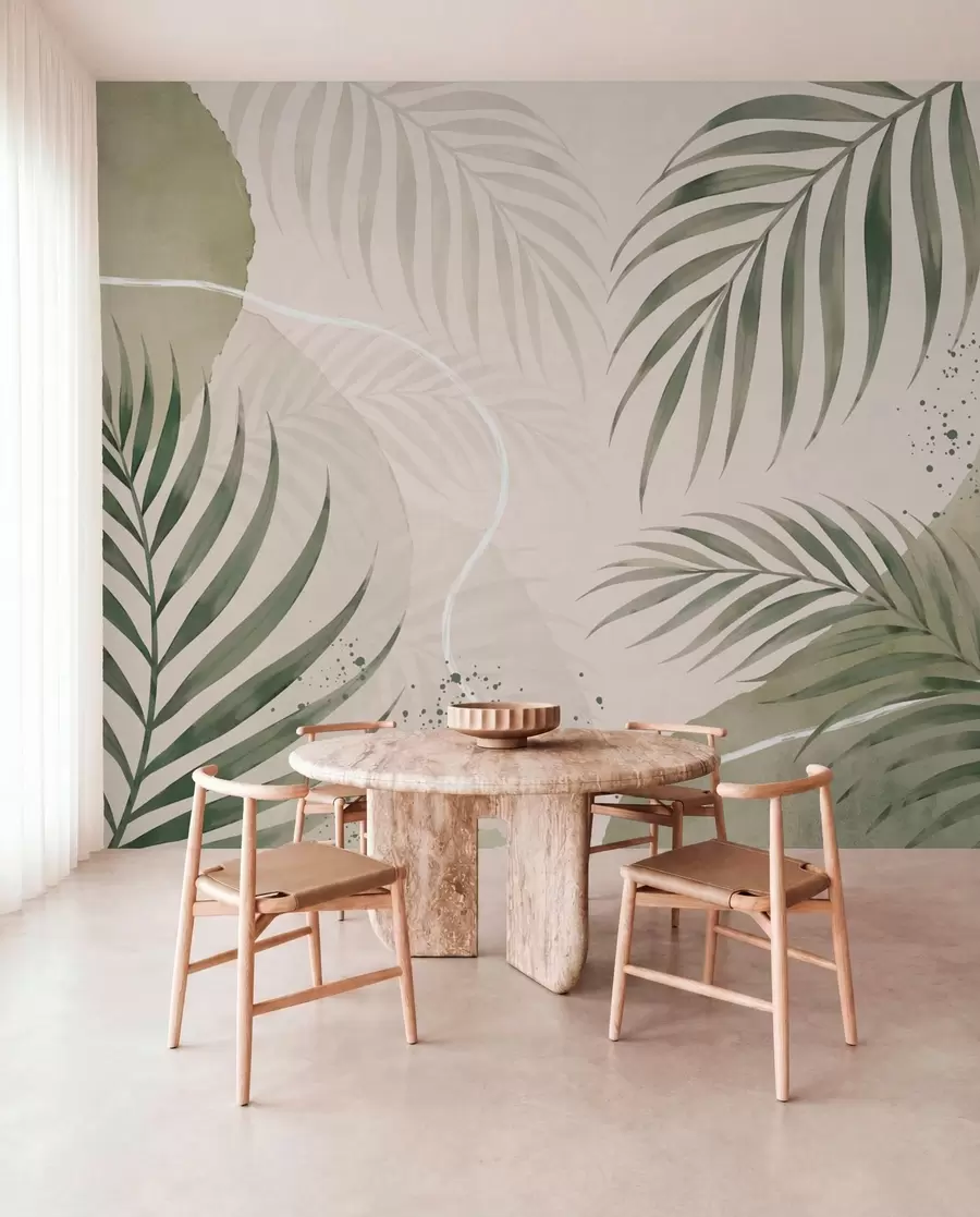 wall murals Стилизовано лишће на мекој неутралној позадини w05728