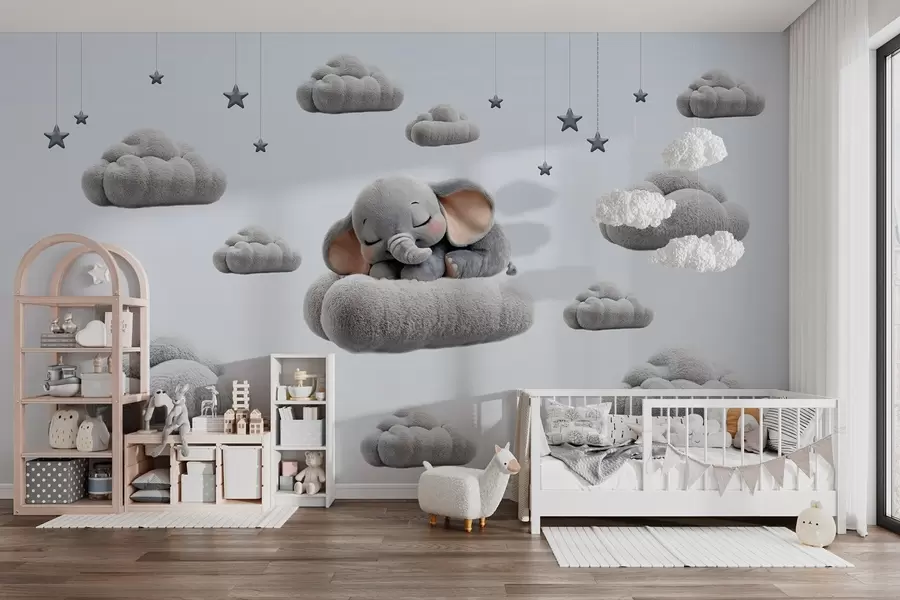 wall murals слатки мали слон у 3Д стилу, спава међу пахуљастим облацима w05754