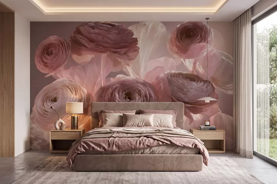 wall murals Велики уметнички цветови ранункулуса у нежним ружичастим и кремастим тоновима w09921