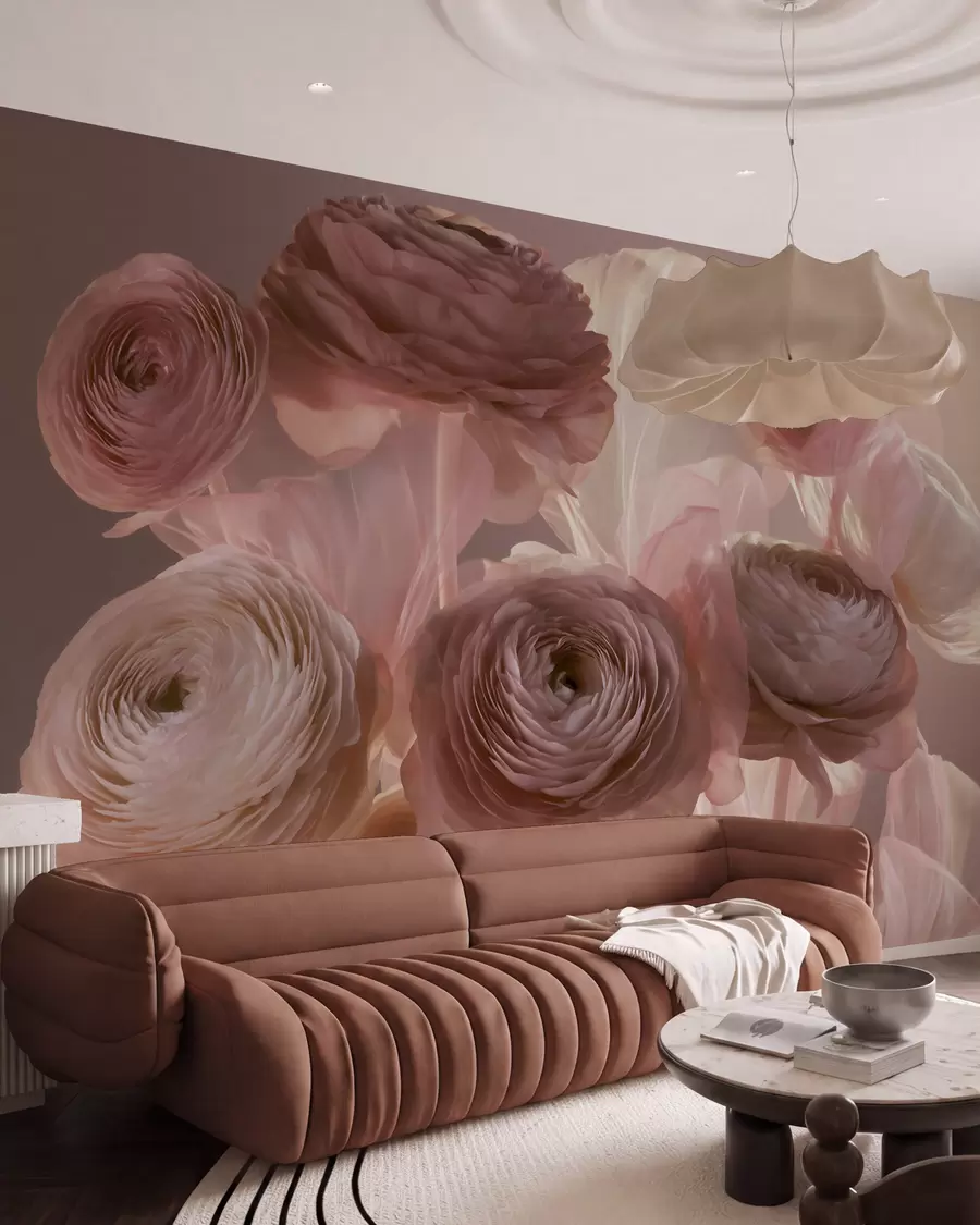 wall murals Велики уметнички цветови ранункулуса у нежним ружичастим и кремастим тоновима w09921