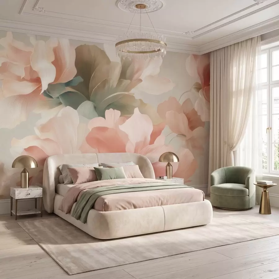 wall murals Велико уметничко цвеће у меким пастелним нијансама кремасте, ружичасте и зелене w09935
