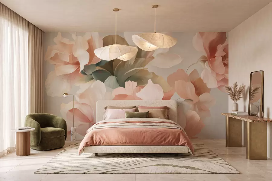 wall murals Велико уметничко цвеће у меким пастелним нијансама кремасте, ружичасте и зелене w09935