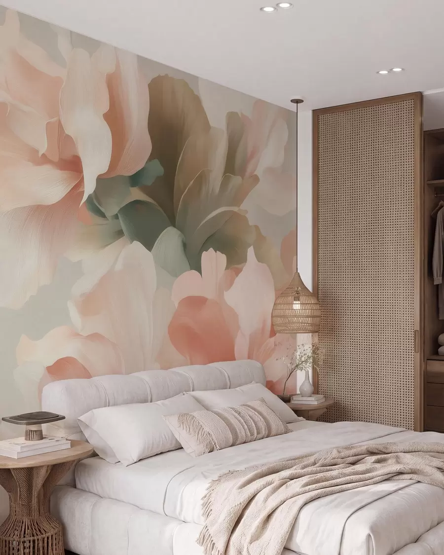 wall murals Велико уметничко цвеће у меким пастелним нијансама кремасте, ружичасте и зелене w09935