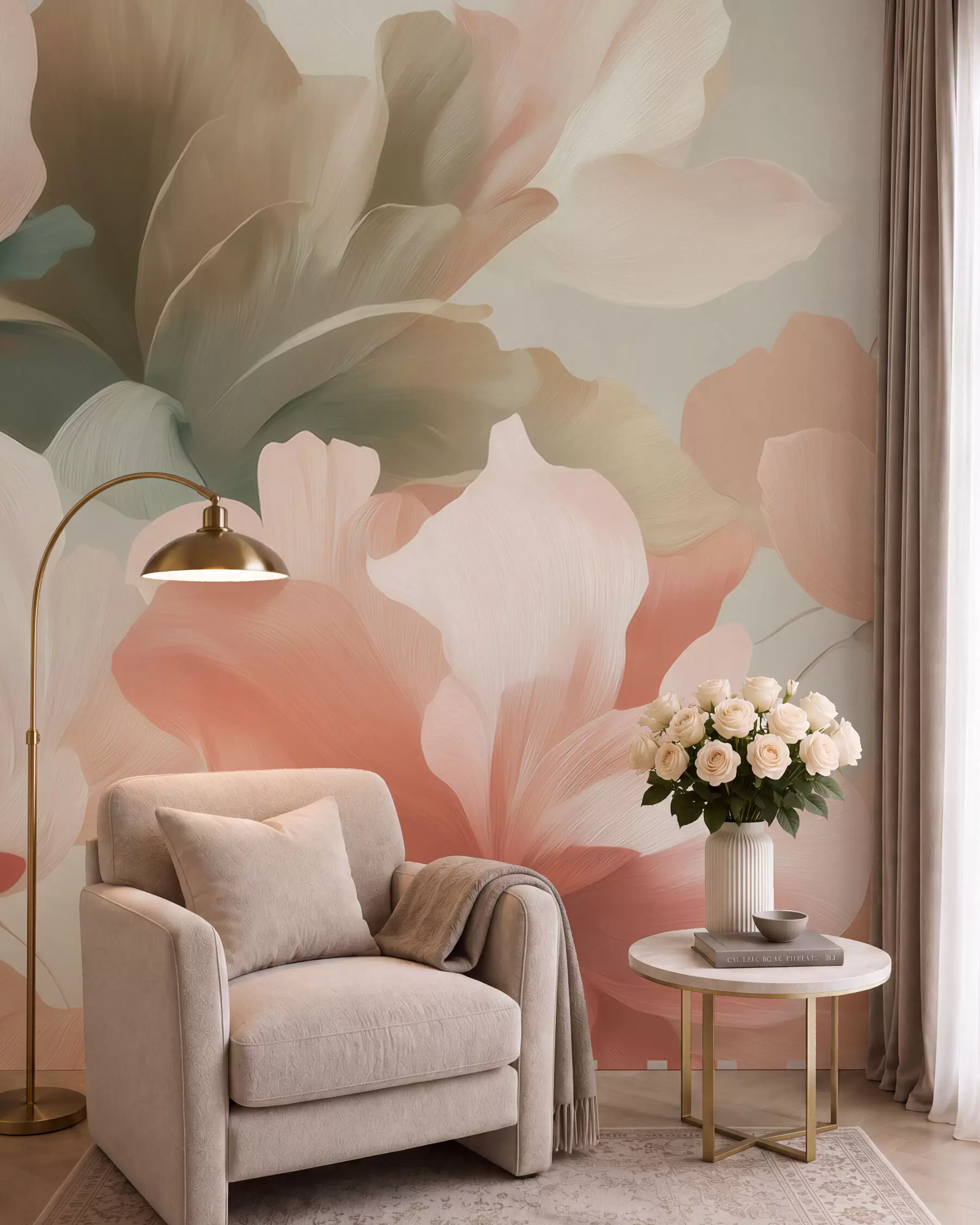 wall murals Велико уметничко цвеће у меким пастелним нијансама кремасте, ружичасте и зелене w09935