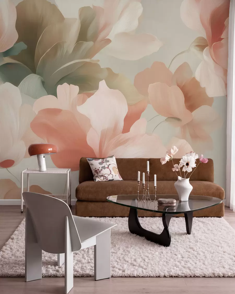 wall murals Велико уметничко цвеће у меким пастелним нијансама кремасте, ружичасте и зелене w09935