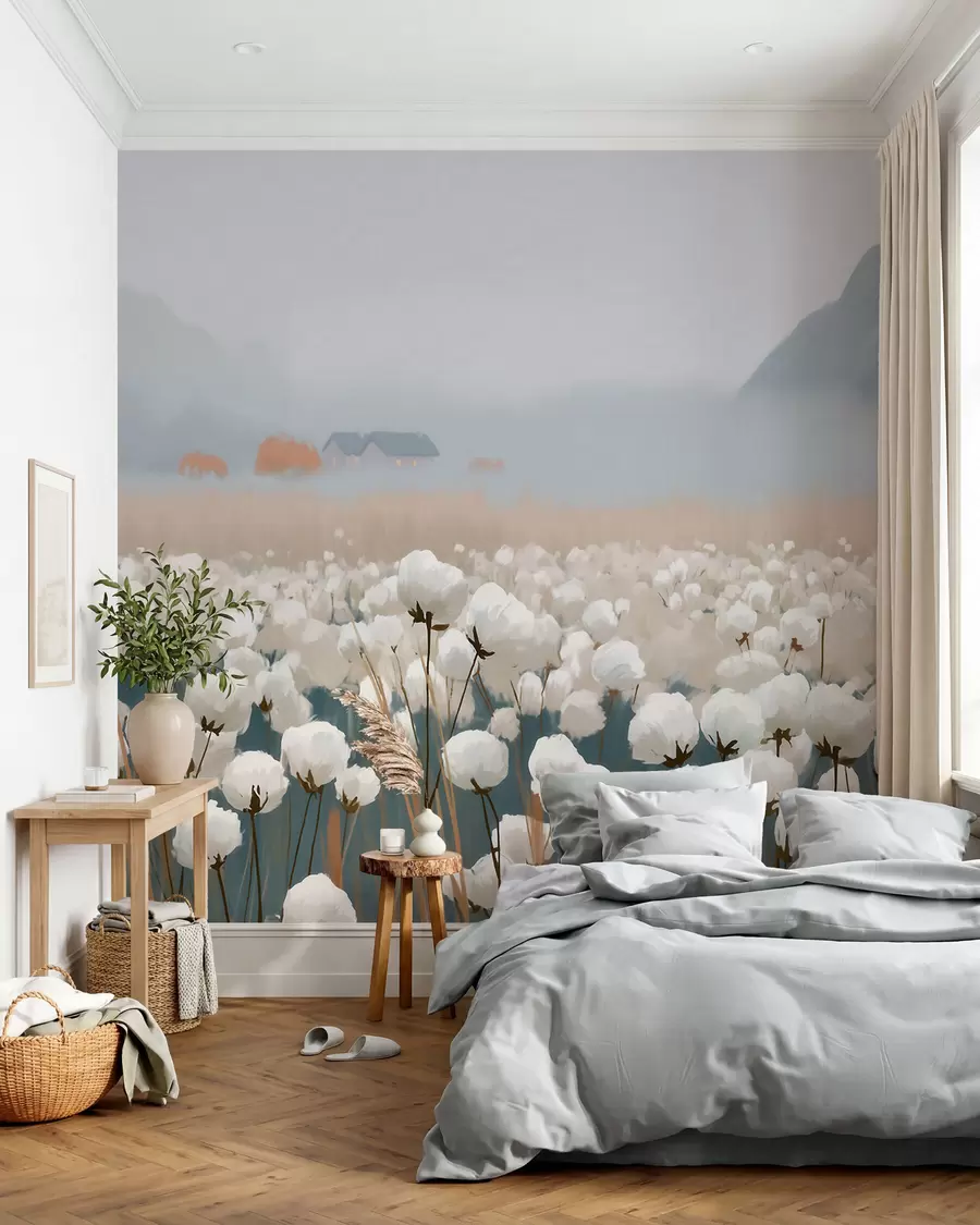 wall murals Памучно поље у магловитом северном пејзажу, сликарски стил w09934