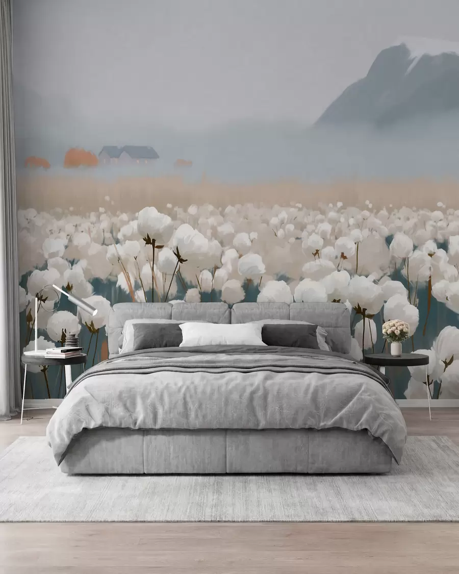 wall murals Памучно поље у магловитом северном пејзажу, сликарски стил w09934