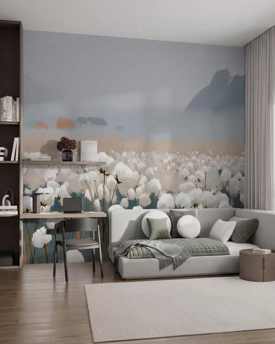 wall murals Памучно поље у магловитом северном пејзажу, сликарски стил w09934