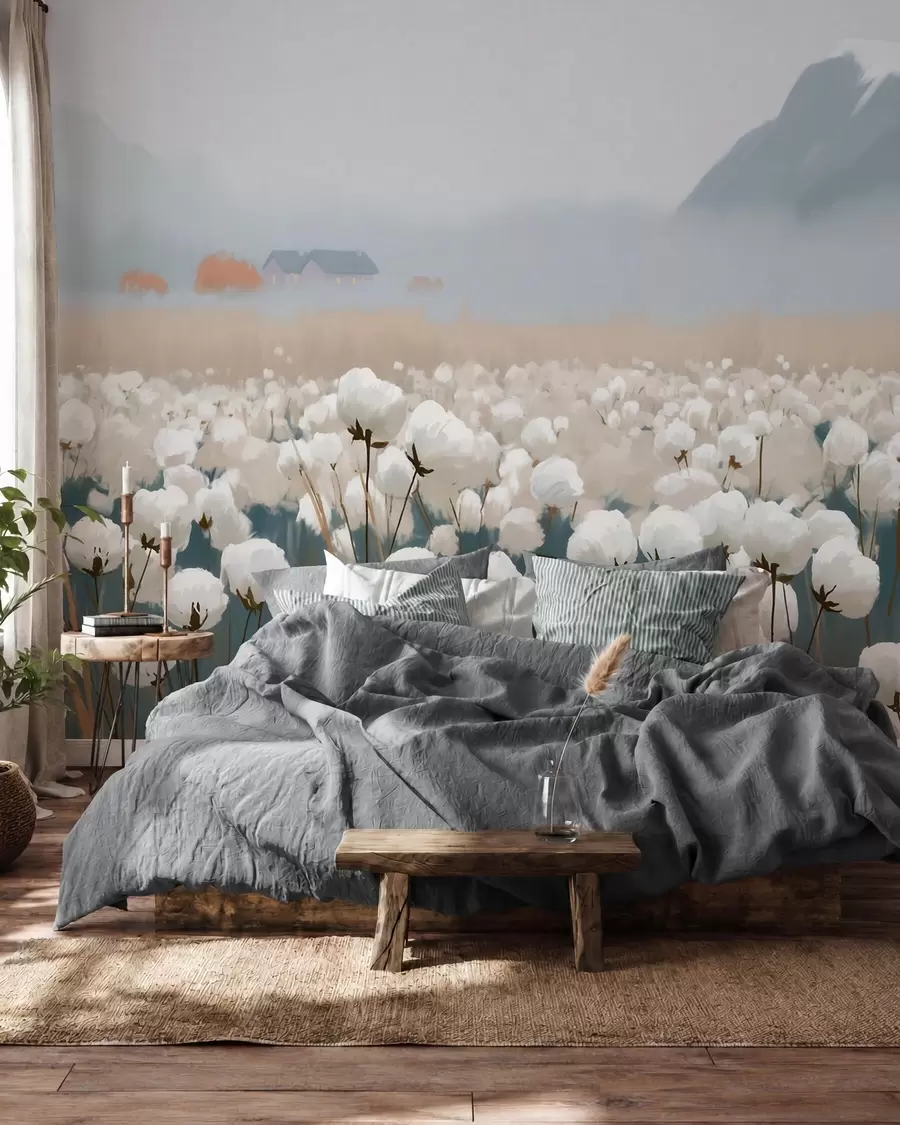 wall murals Памучно поље у магловитом северном пејзажу, сликарски стил w09934