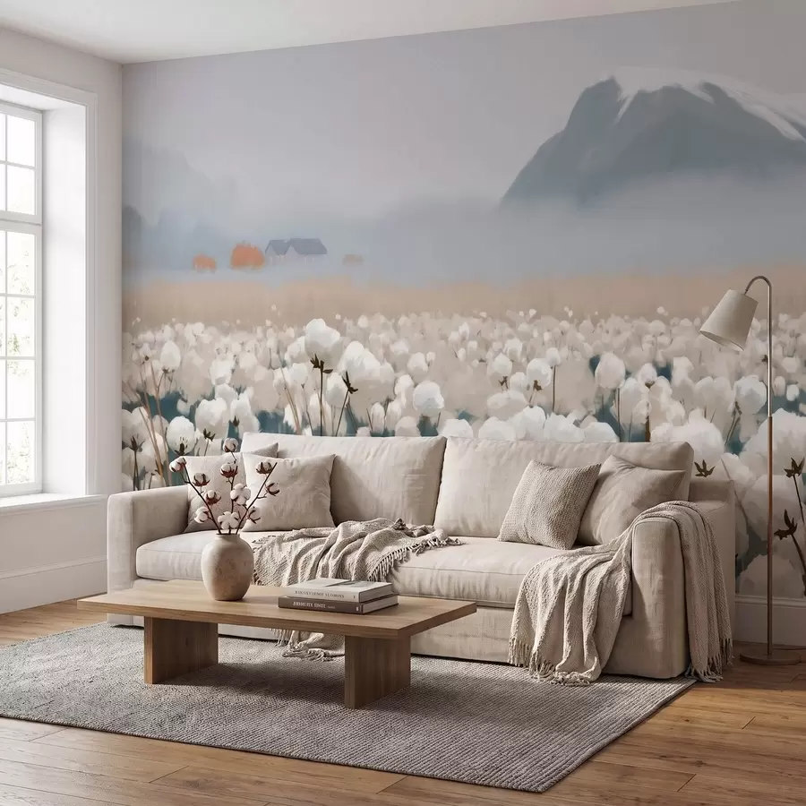 wall murals Памучно поље у магловитом северном пејзажу, сликарски стил w09934