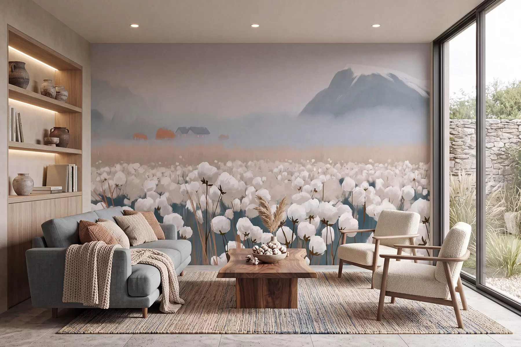 wall murals Памучно поље у магловитом северном пејзажу, сликарски стил w09934
