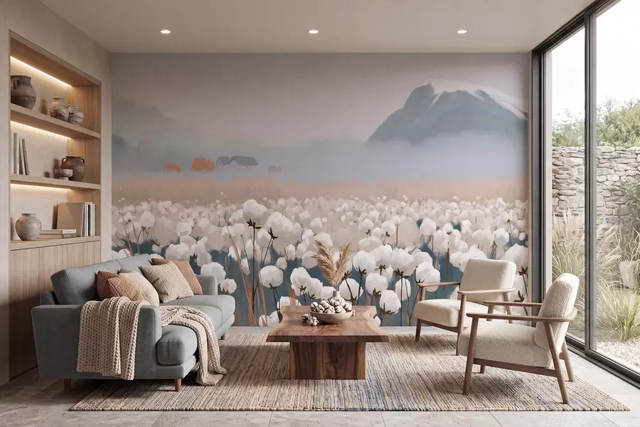 wall murals Памучно поље у магловитом северном пејзажу, сликарски стил w09934