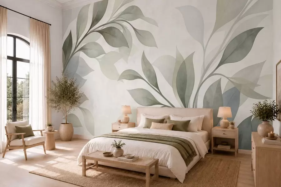 wall murals Велики листови у меким зеленим и плавим тоновима w05693