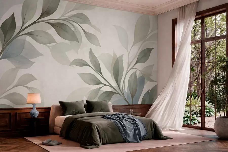 wall murals Велики листови у меким зеленим и плавим тоновима w05693