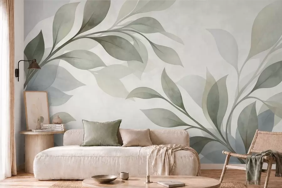 wall murals Велики листови у меким зеленим и плавим тоновима w05693