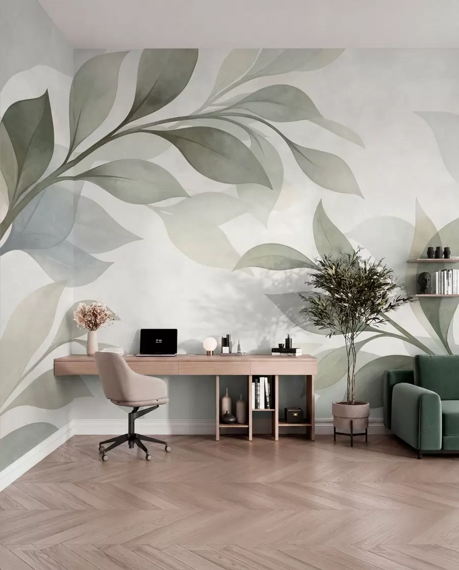wall murals Велики листови у меким зеленим и плавим тоновима w05693