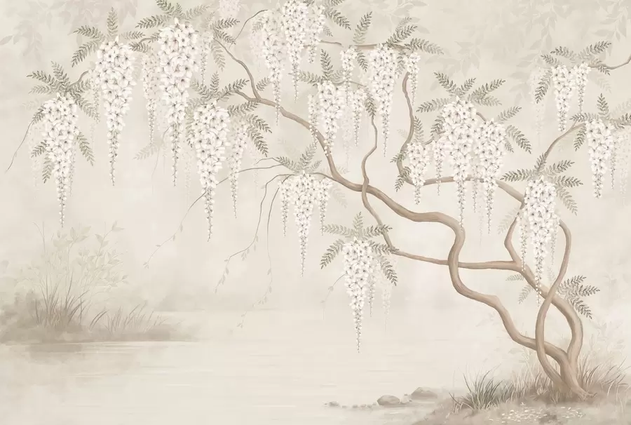 wall murals Бели каскадни цветови изнад мирне воде w05694