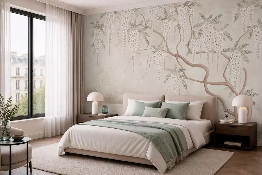wall murals Бели каскадни цветови изнад мирне воде w05694