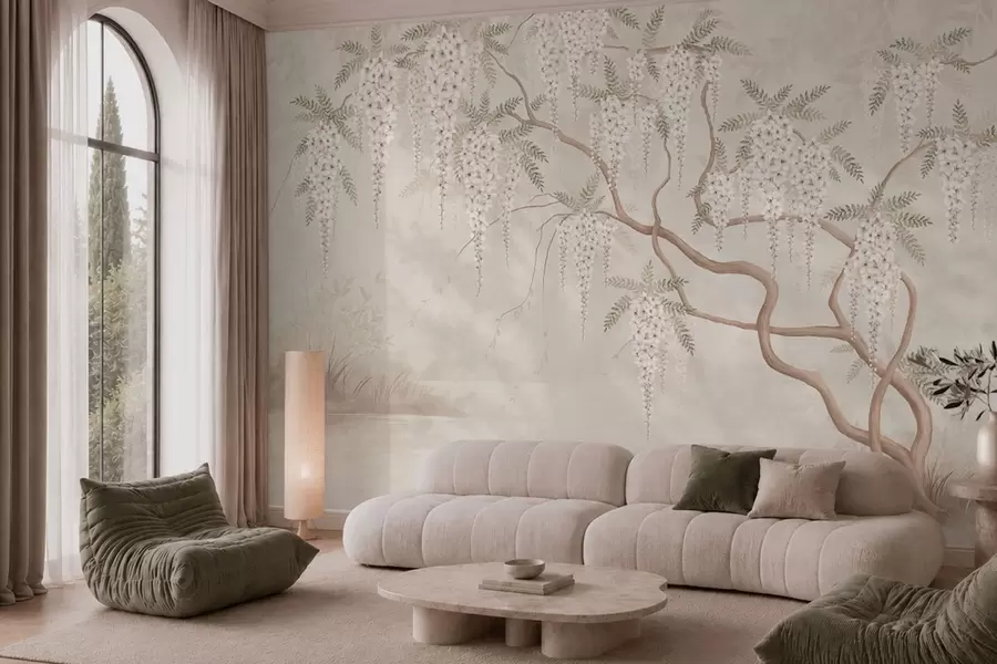 wall murals Бели каскадни цветови изнад мирне воде w05694