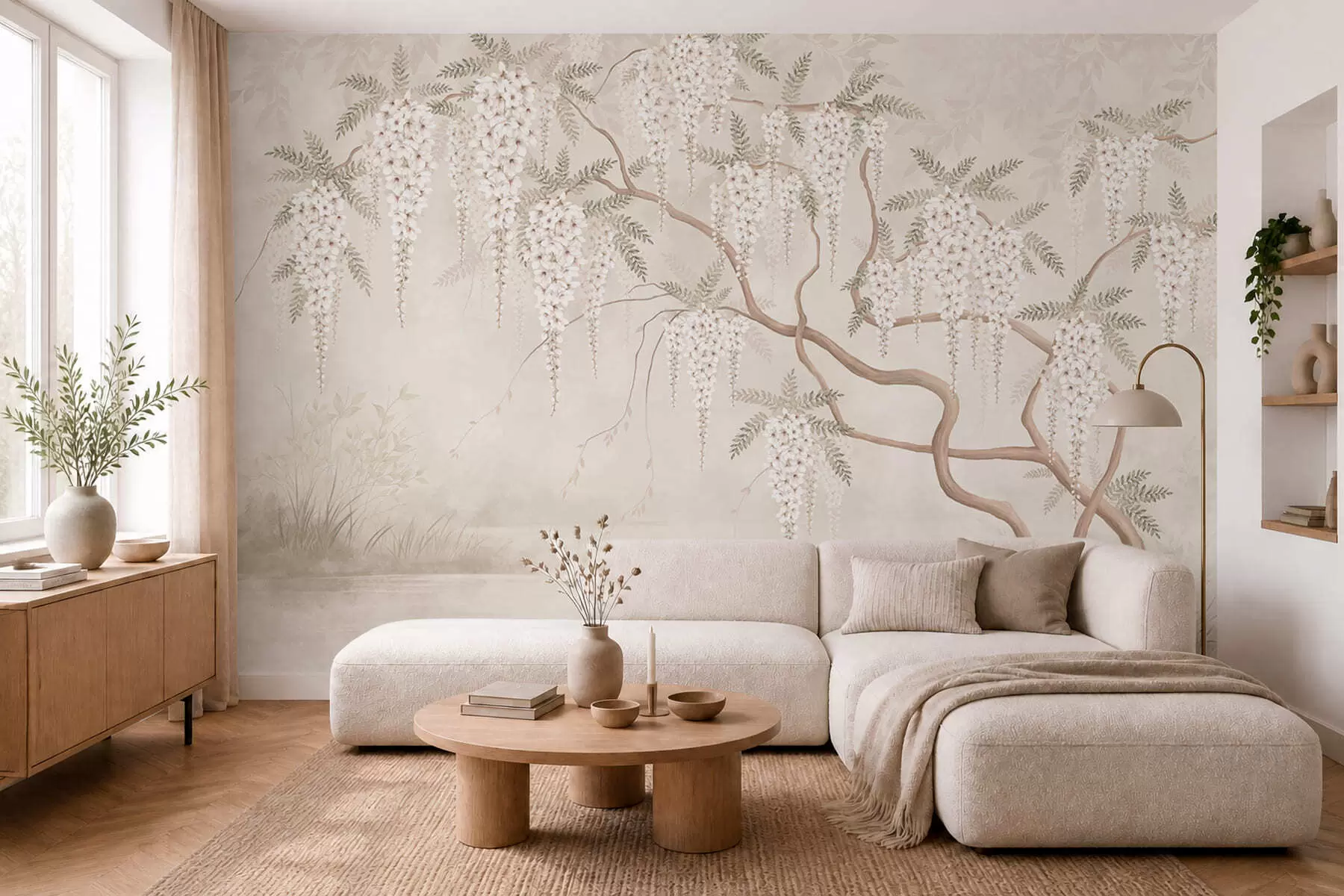 wall murals Бели каскадни цветови изнад мирне воде w05694